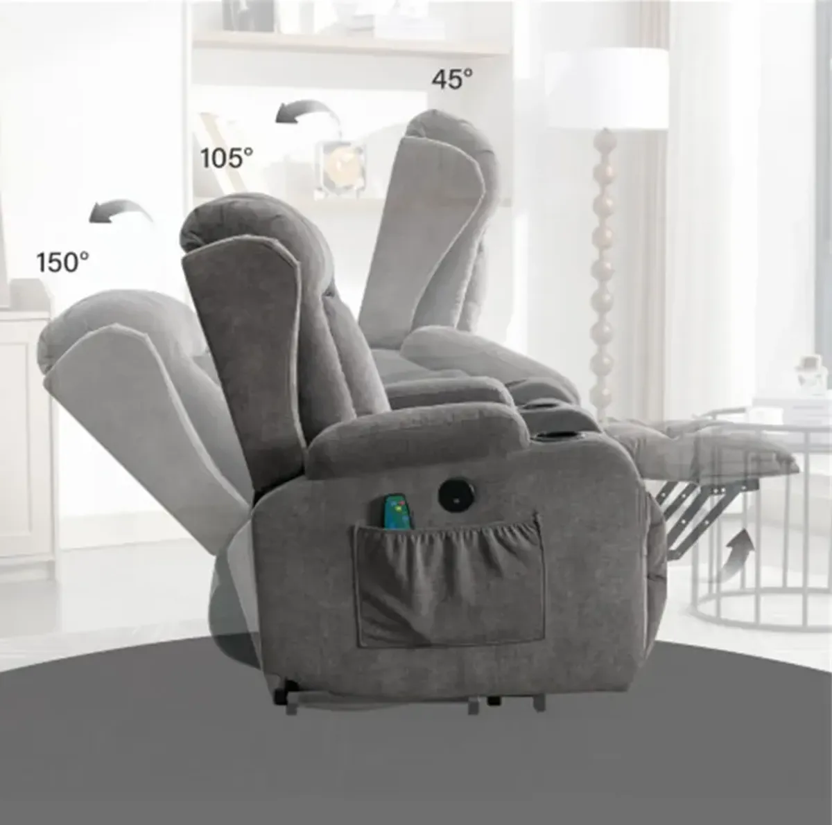 35.43 in. W Fabric Recliner with Remote Control, Tufted and Storage