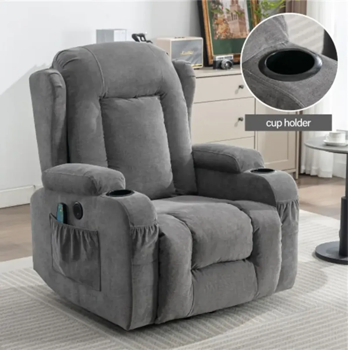 35.43 in. W Fabric Recliner with Remote Control, Tufted and Storage