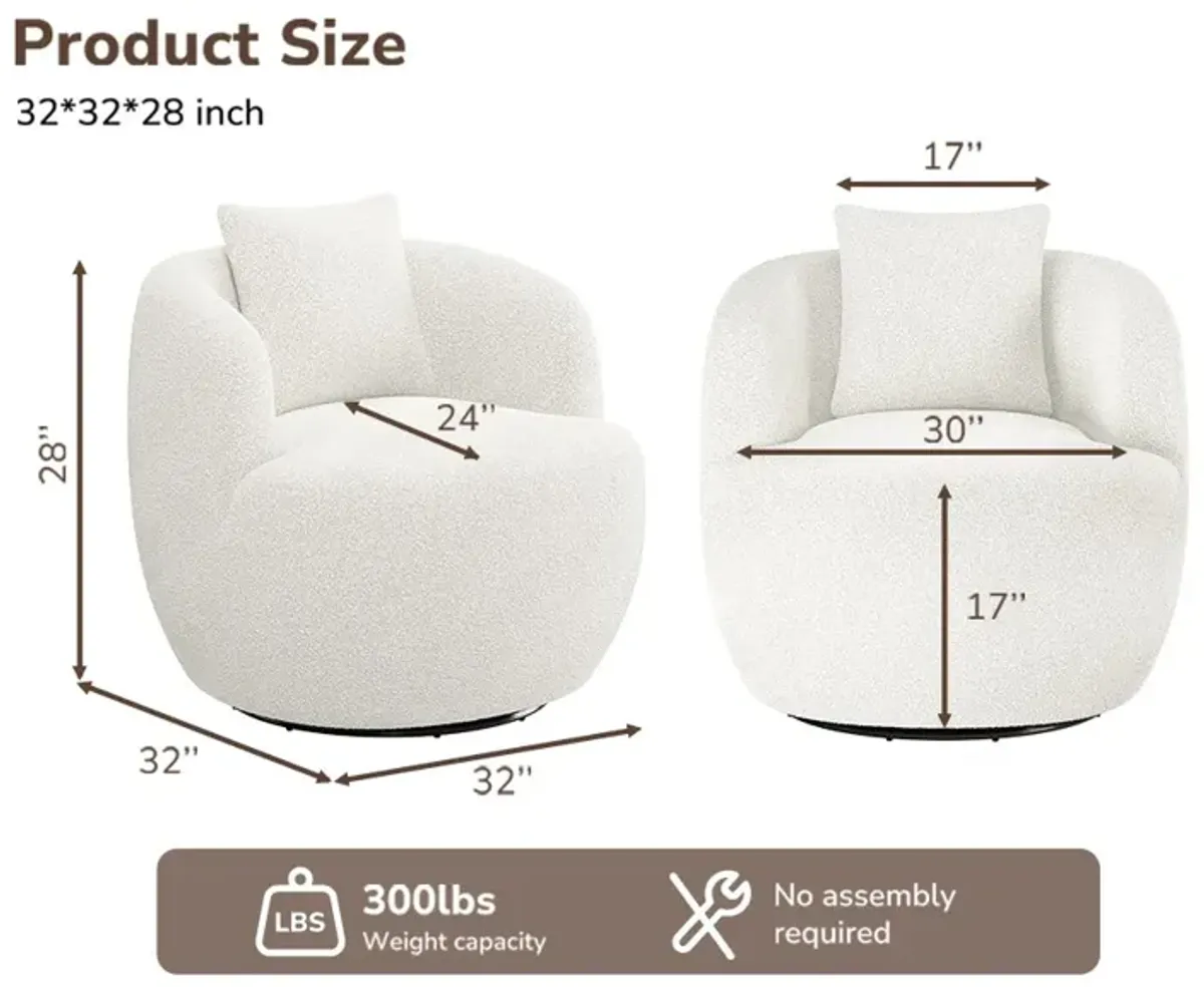 BELLEZE Wide Swivel Barrel Chair, Modern Round Boucle Swivel Armchair Curved Backrest Upholstered 360�Swivel Sofa Accent Chair with Pillow, Comfy Swivel Accent Chair for Living Room -Francisco (White)