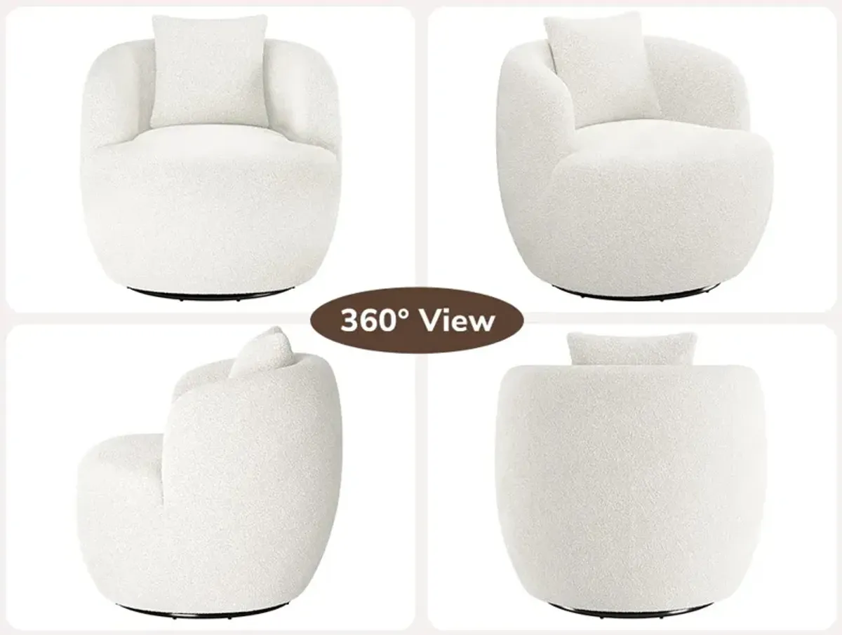 BELLEZE Wide Swivel Barrel Chair, Modern Round Boucle Swivel Armchair Curved Backrest Upholstered 360�Swivel Sofa Accent Chair with Pillow, Comfy Swivel Accent Chair for Living Room -Francisco (White)