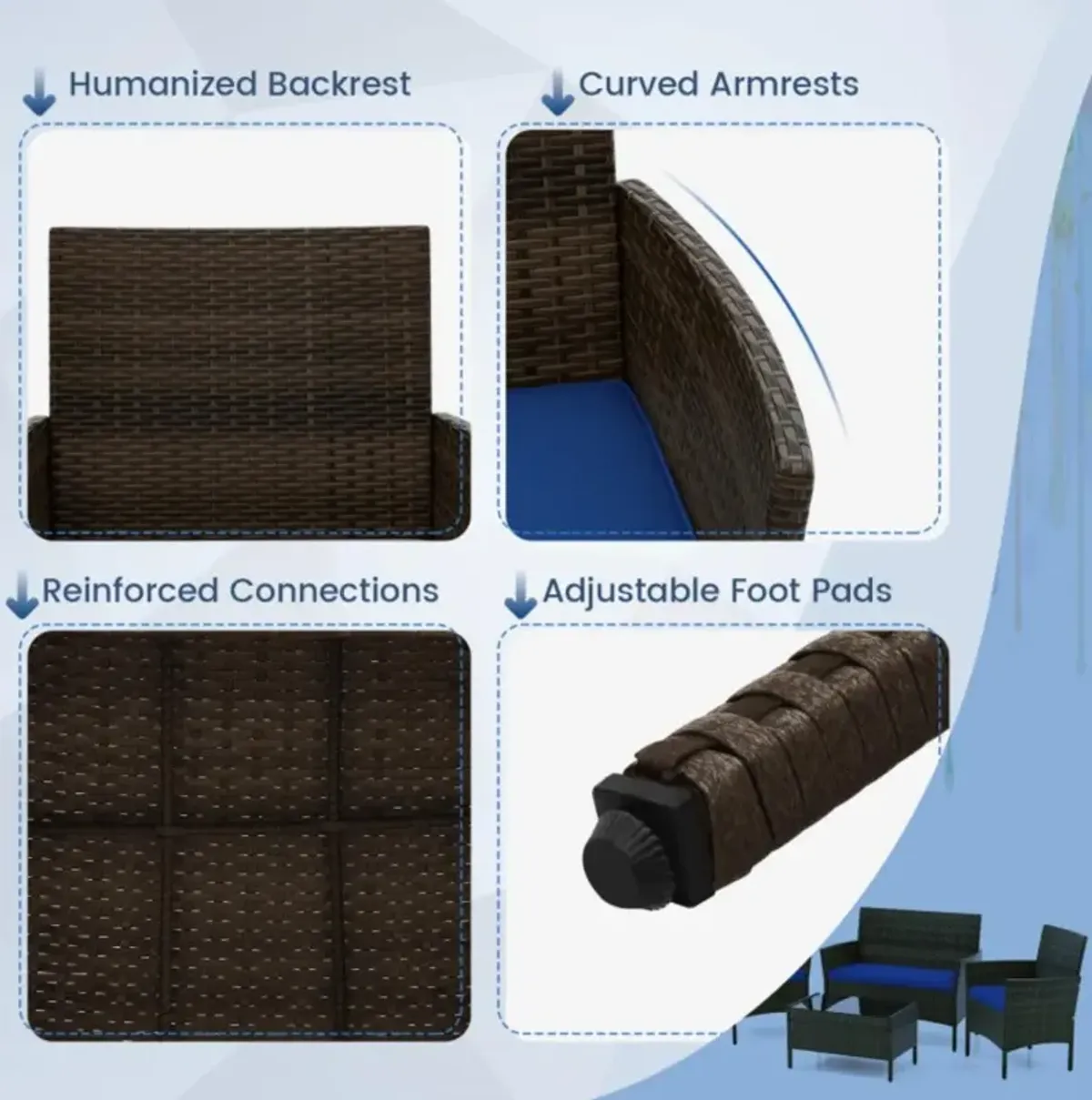 Hivvago 4 Piece Patio Rattan Conversation Set with Cozy Seat Cushions