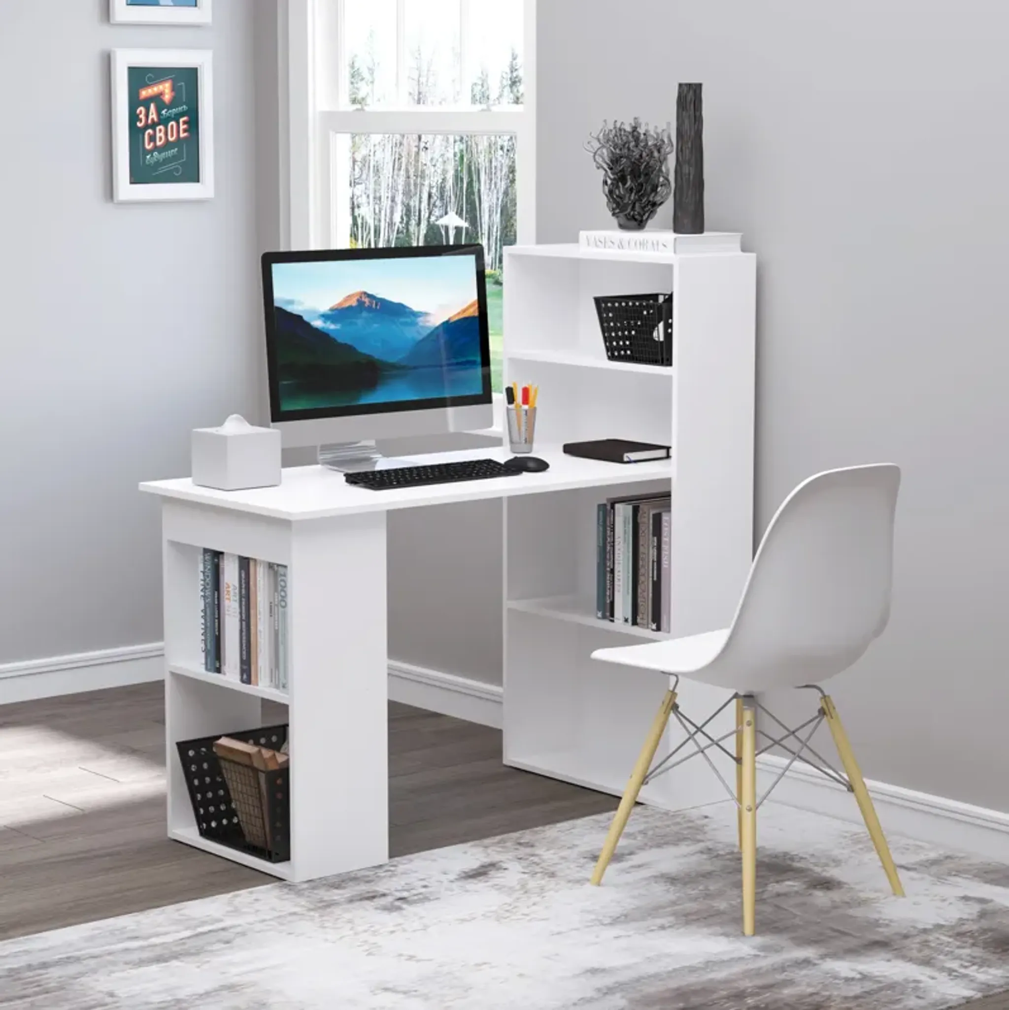 White Multitasking Desk Modern Computer Workstation With 6 Tier Shelves ...