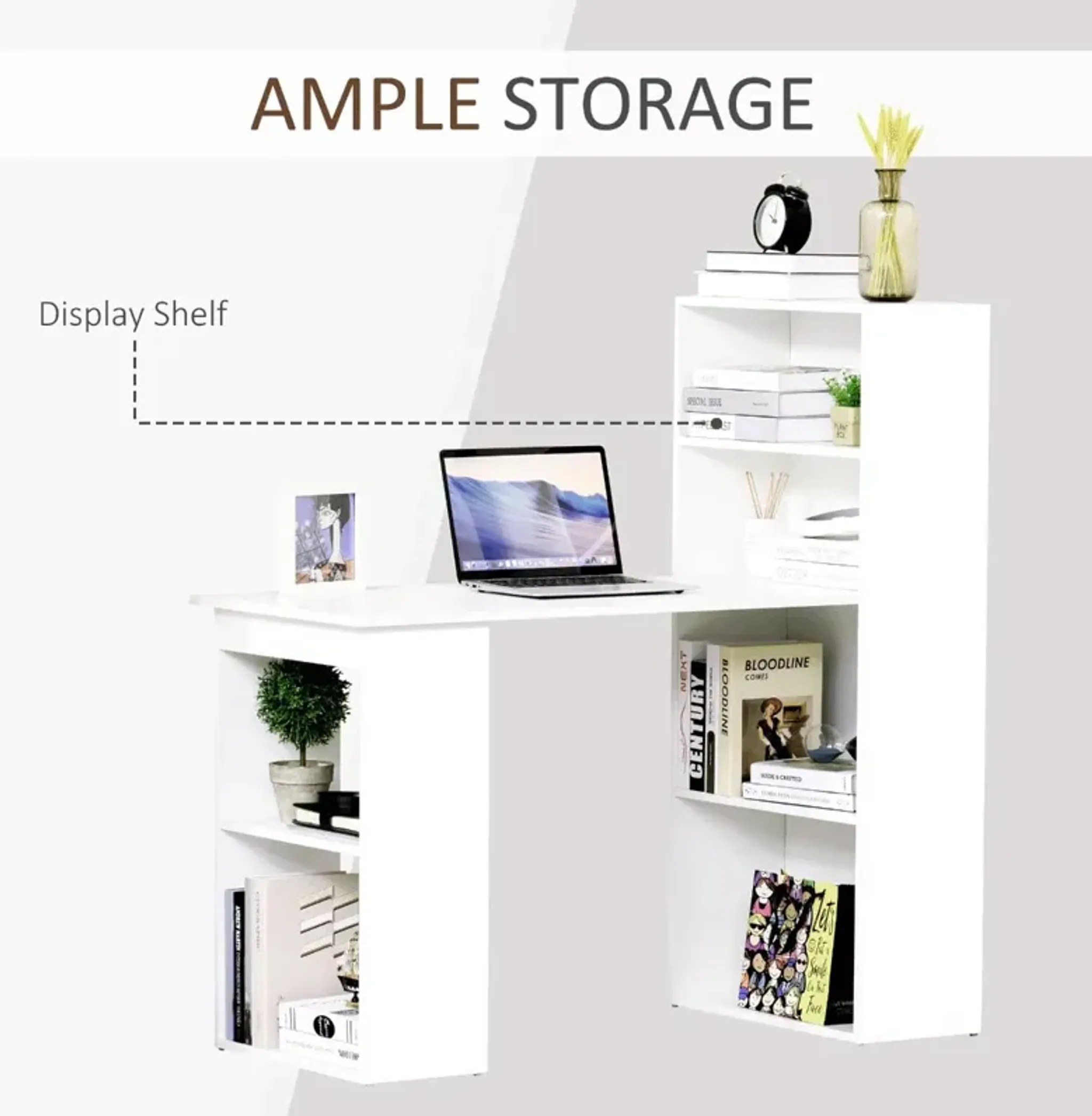 White Multitasking Desk Modern Computer Workstation With 6 Tier Shelves ...