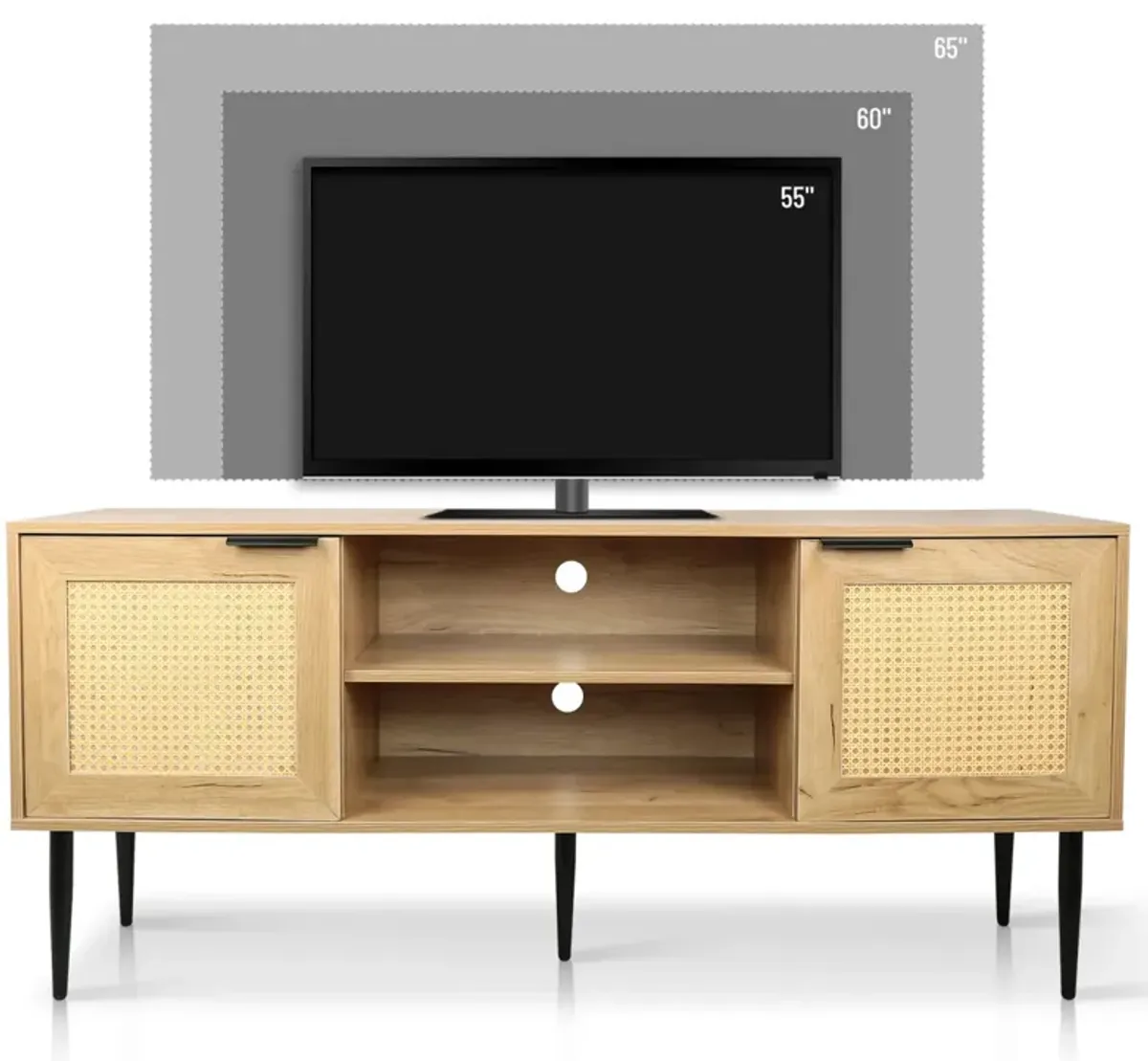 65" TV Stand with Rattan Doors and Shelves