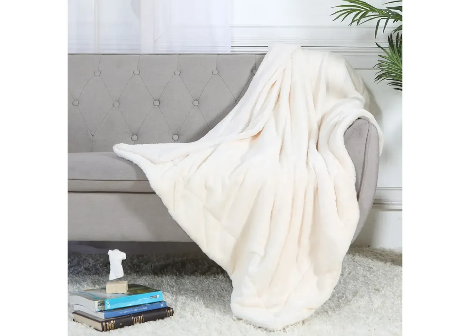 Legacy Decor Luxurious Soft Velour Fleece Throw with Super Ultra Soft Faux Fur on Backside Blanket 49”x 73” White Color