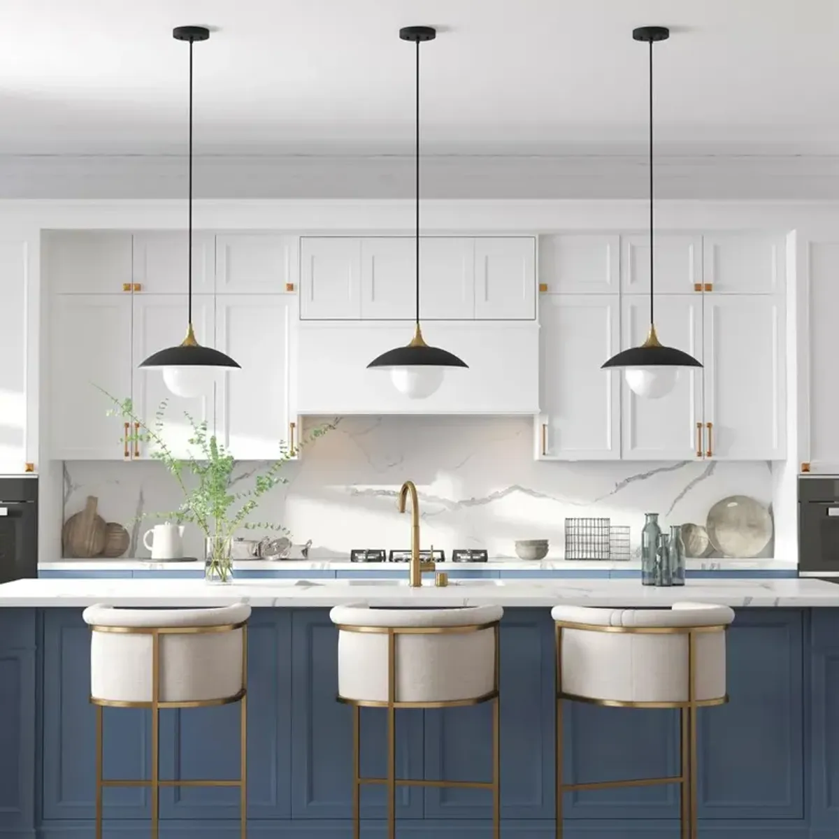 Hudson&Canal Alvia 14.5 Wide Pendant with Metal/Glass Shade in Matte Black/Brass/White