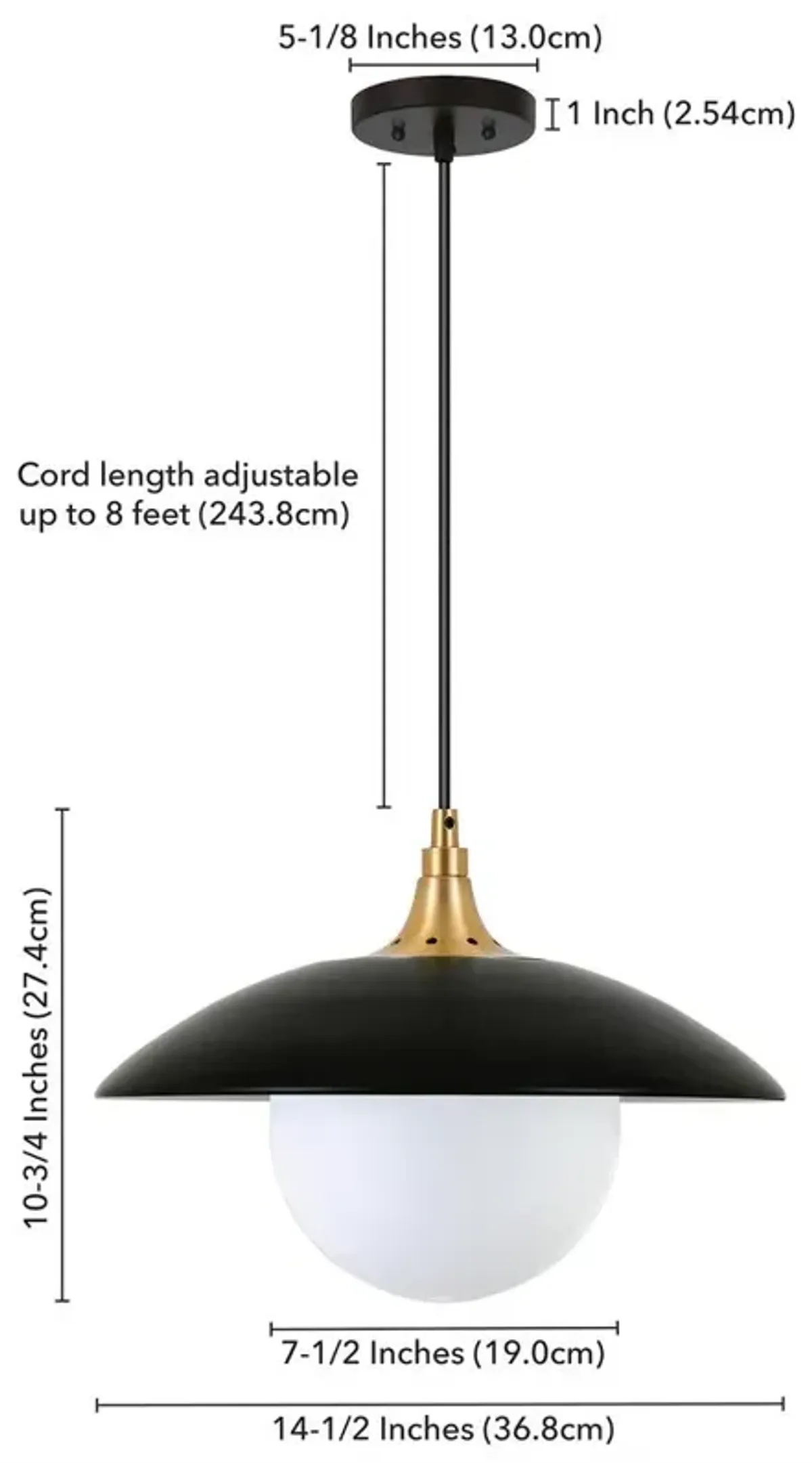 Hudson&Canal Alvia 14.5 Wide Pendant with Metal/Glass Shade in Matte Black/Brass/White