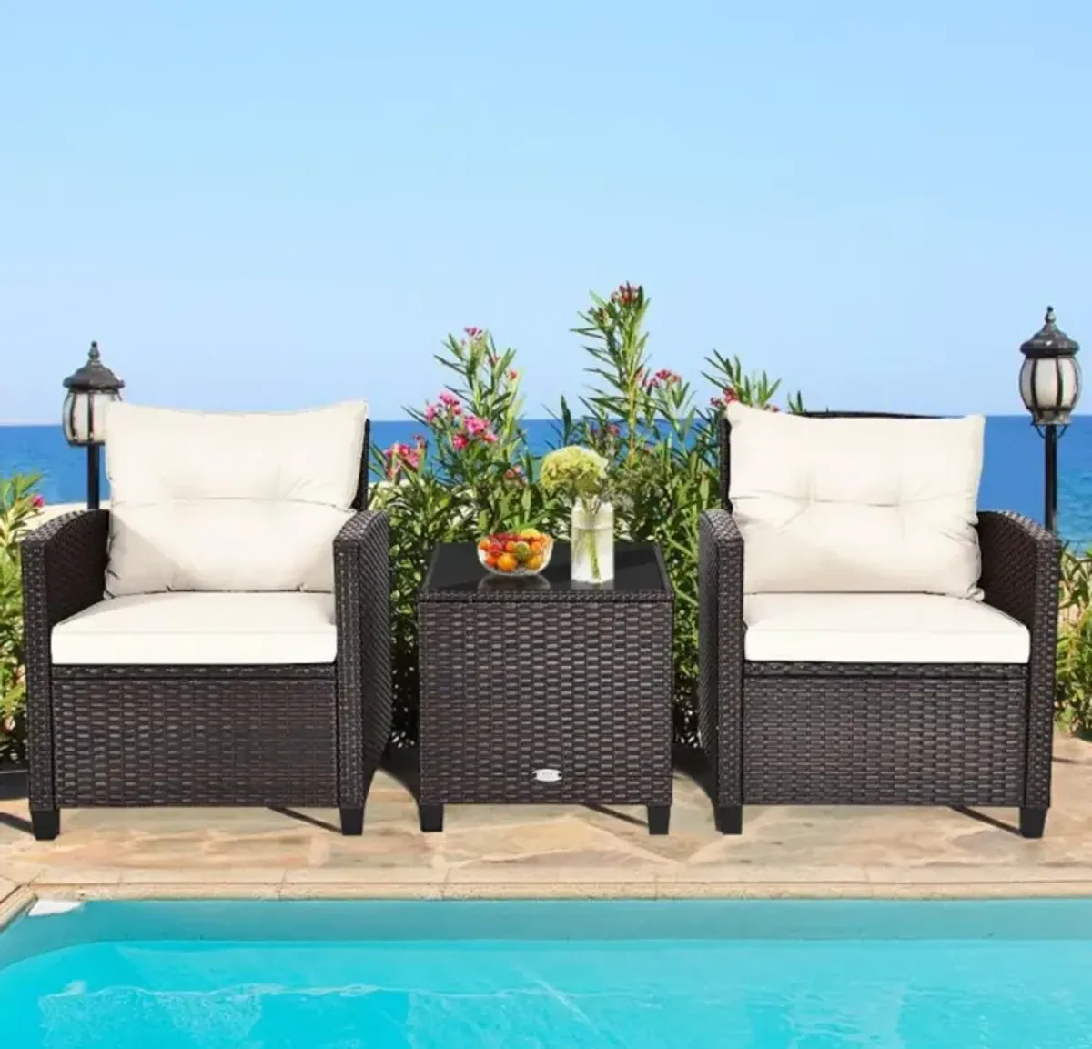 Hivvago 3 Pieces Rattan Patio Furniture Set with Washable Cushion