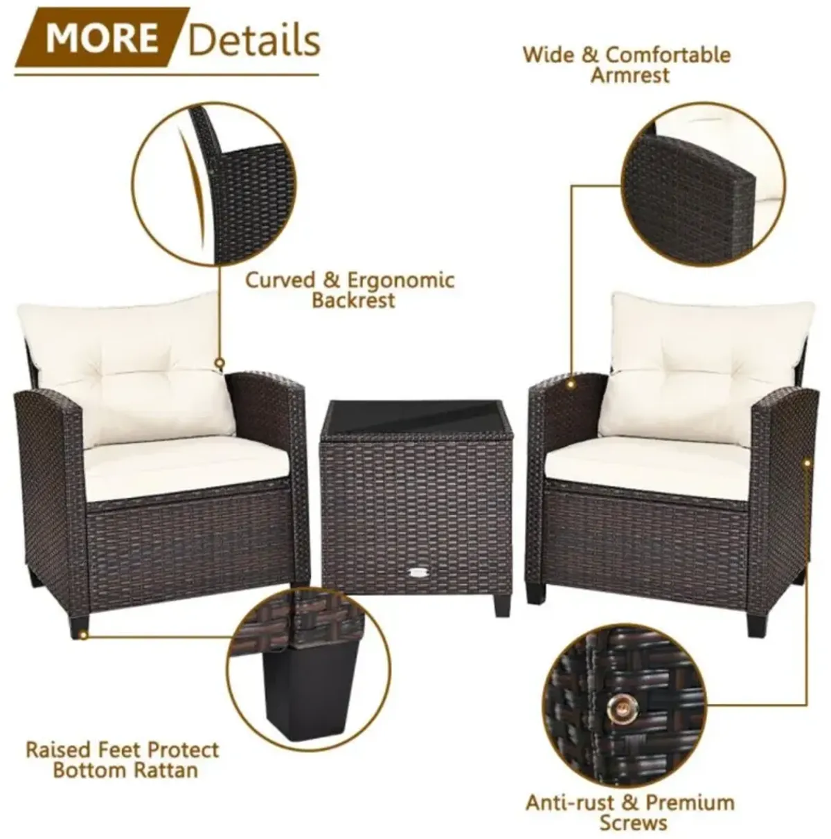 Hivvago 3 Pieces Rattan Patio Furniture Set with Washable Cushion