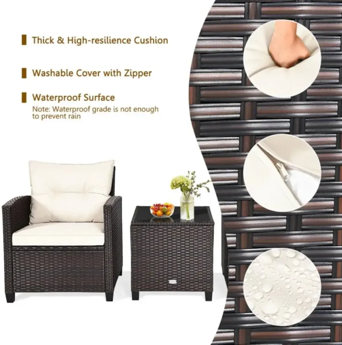 Hivvago 3 Pieces Rattan Patio Furniture Set with Washable Cushion