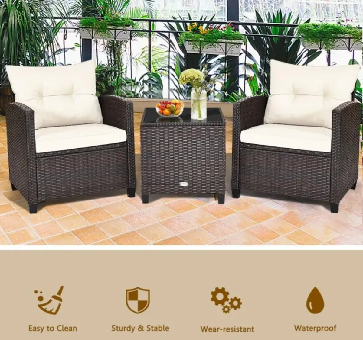 Hivvago 3 Pieces Rattan Patio Furniture Set with Washable Cushion