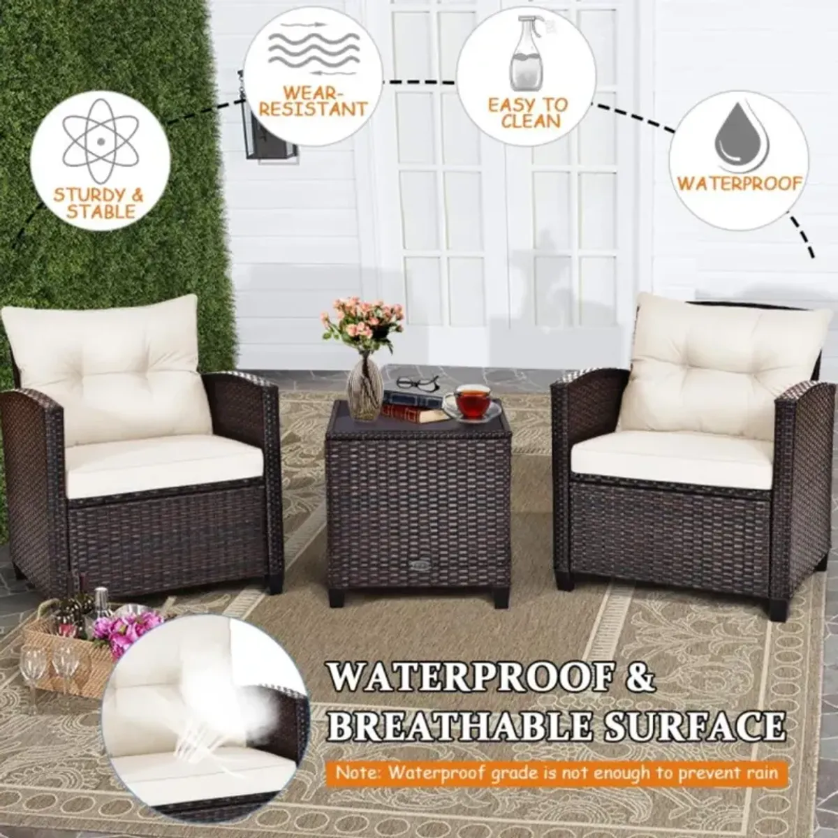 Hivvago 3 Pieces Rattan Patio Furniture Set with Washable Cushion