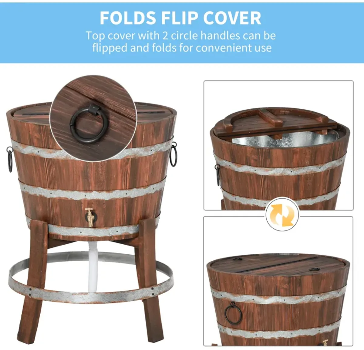 Outdoor Western Style Wood Backyard Cooler w/ Foldable Flip Cover & Drain Faucet