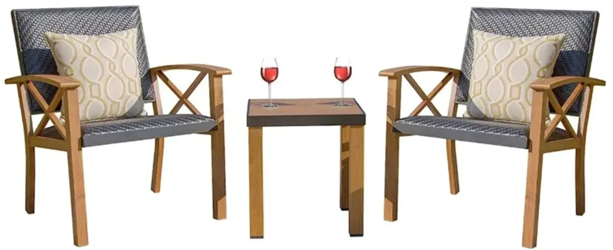 3-Piece Patio Bistro Set with Wood Grain Aluminum Wicker & Beige Sunbrella Pillows