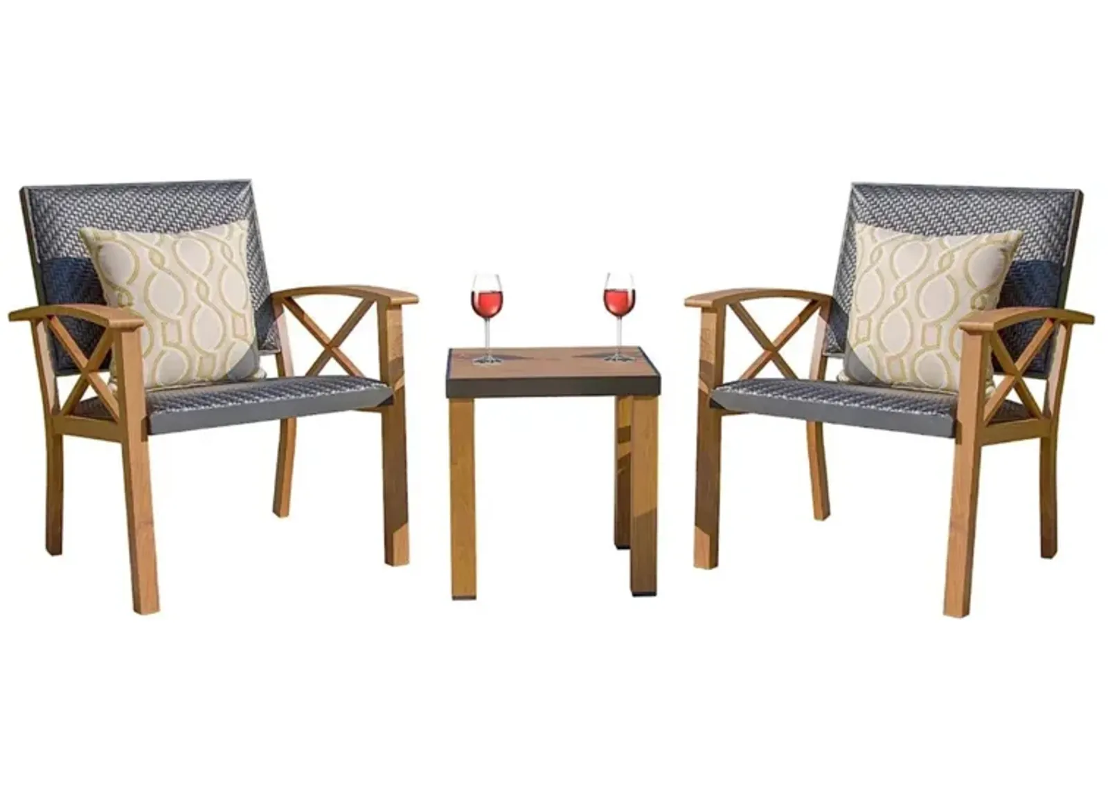 3-Piece Patio Bistro Set with Wood Grain Aluminum Wicker & Beige Sunbrella Pillows