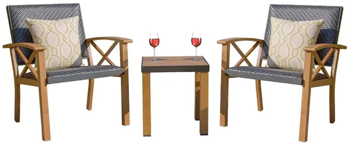 3-Piece Patio Bistro Set with Wood Grain Aluminum Wicker & Beige Sunbrella Pillows