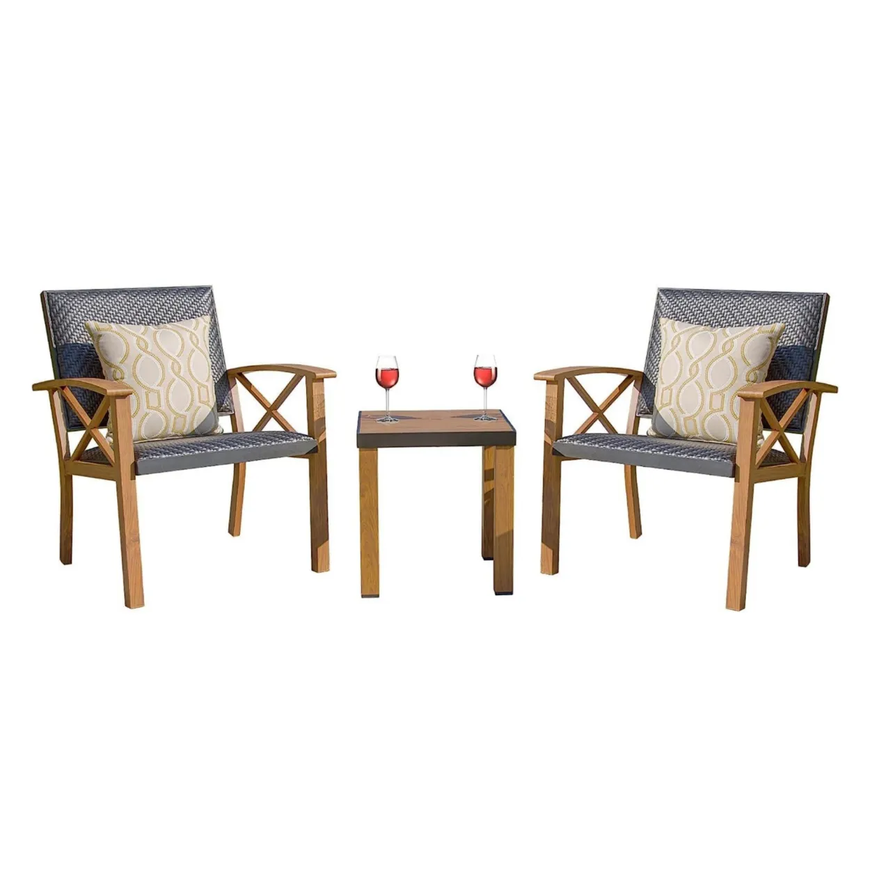 3-Piece Patio Bistro Set with Wood Grain Aluminum Wicker & Beige Sunbrella Pillows