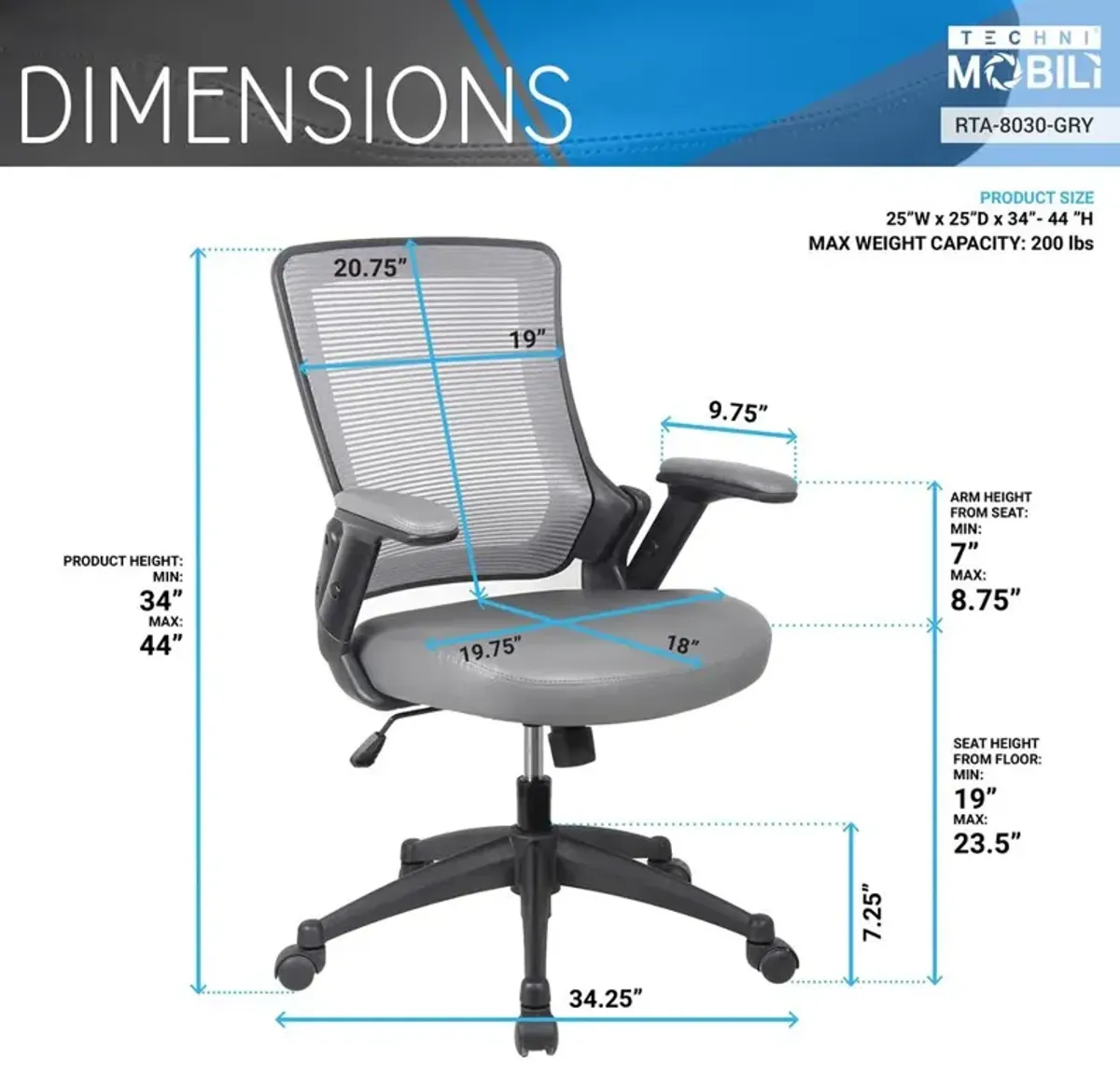 Techni Mobili Mid-Back Mesh Task Office Chair with Flip Up Arms. Color: Gray