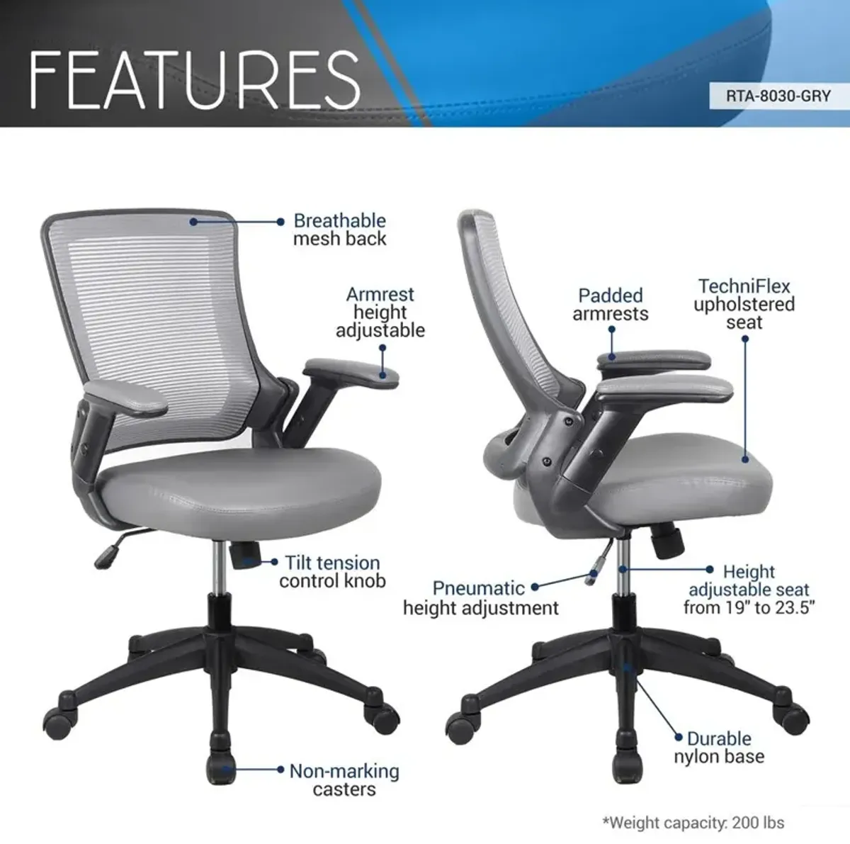 Techni Mobili Mid-Back Mesh Task Office Chair with Flip Up Arms. Color: Gray