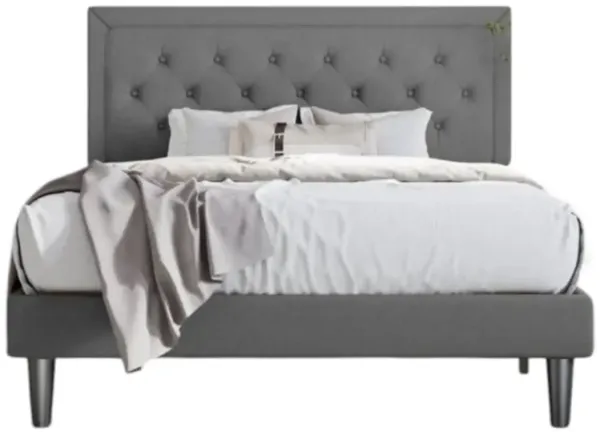Hivvago Full Size Dark Grey Linen Upholstered Platform Bed with Button-Tufted Headboard