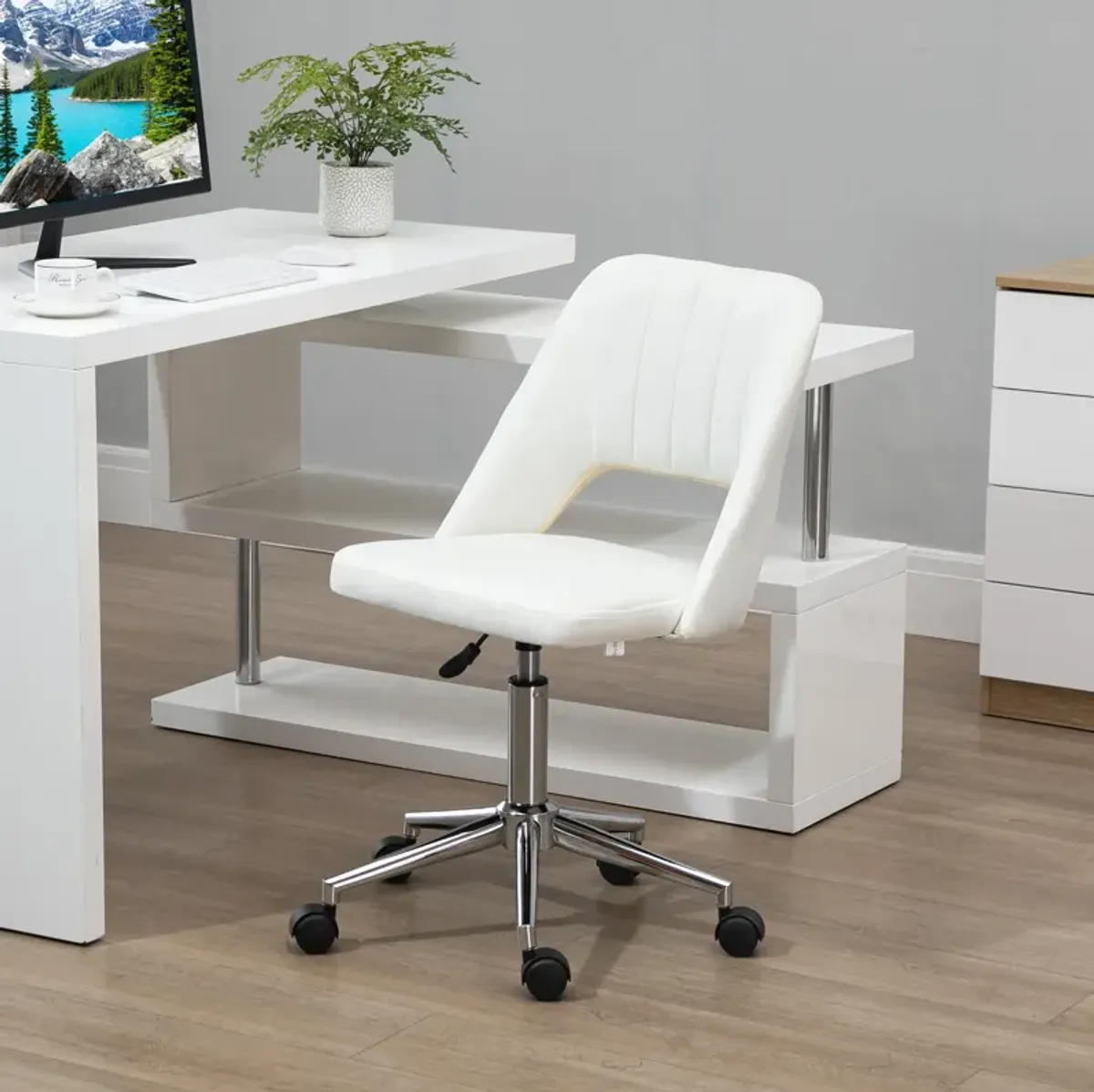 Cream White Office Chair: Mid-Back Velvet Swivel Scallop Shape for Home