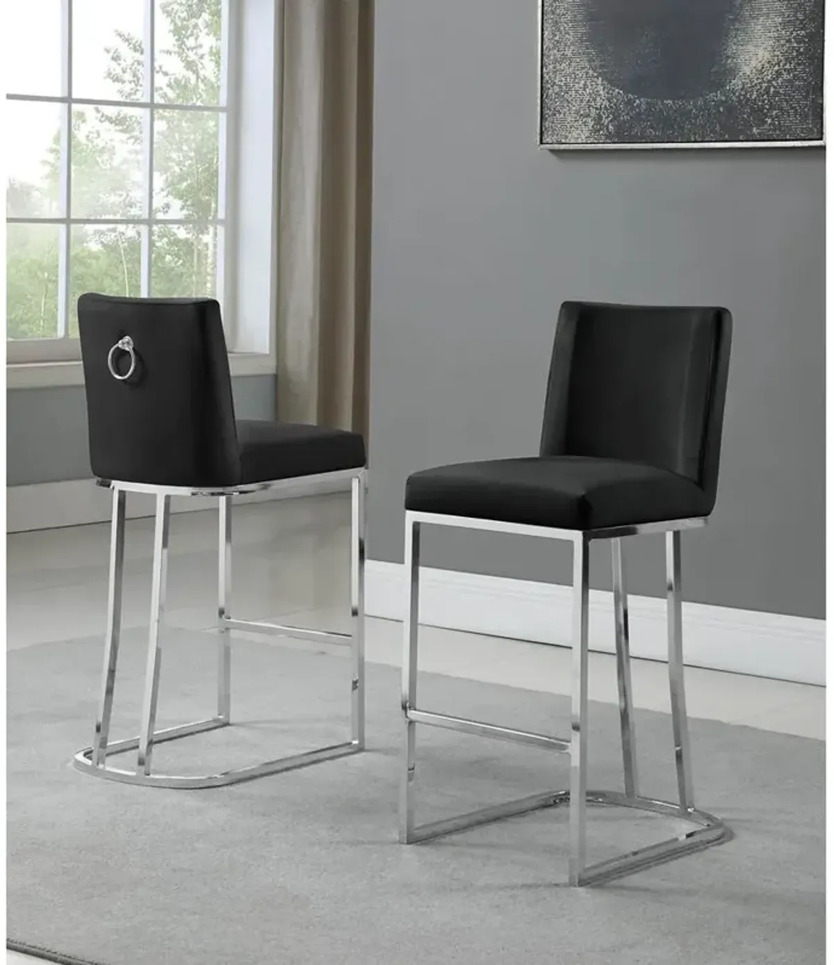 24" Velvet Counter Stool, Black, Chrome Base (Set of 2)