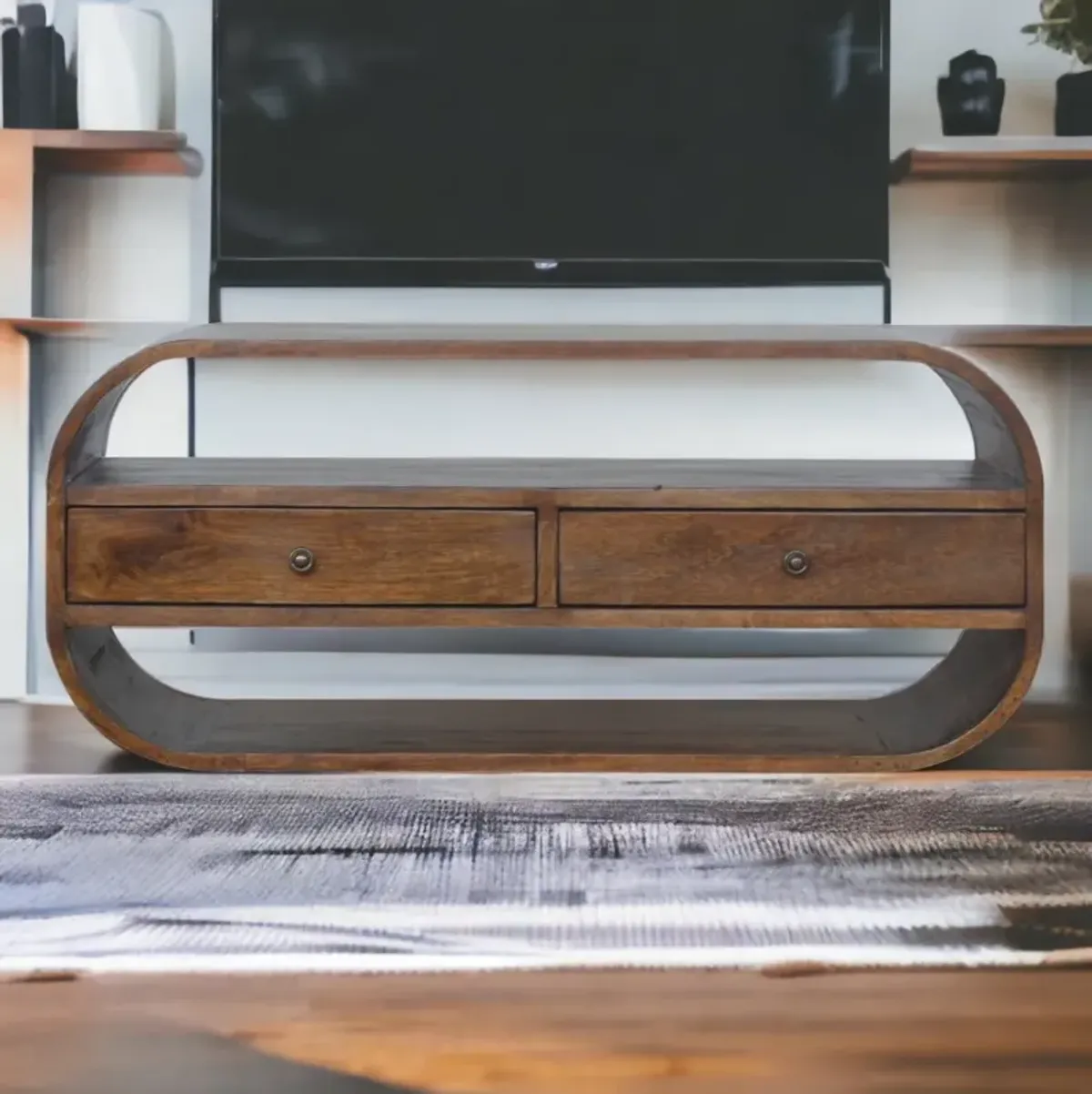 Solid Wood Chestnut Curved Edge Media Unit with 2 Drawers