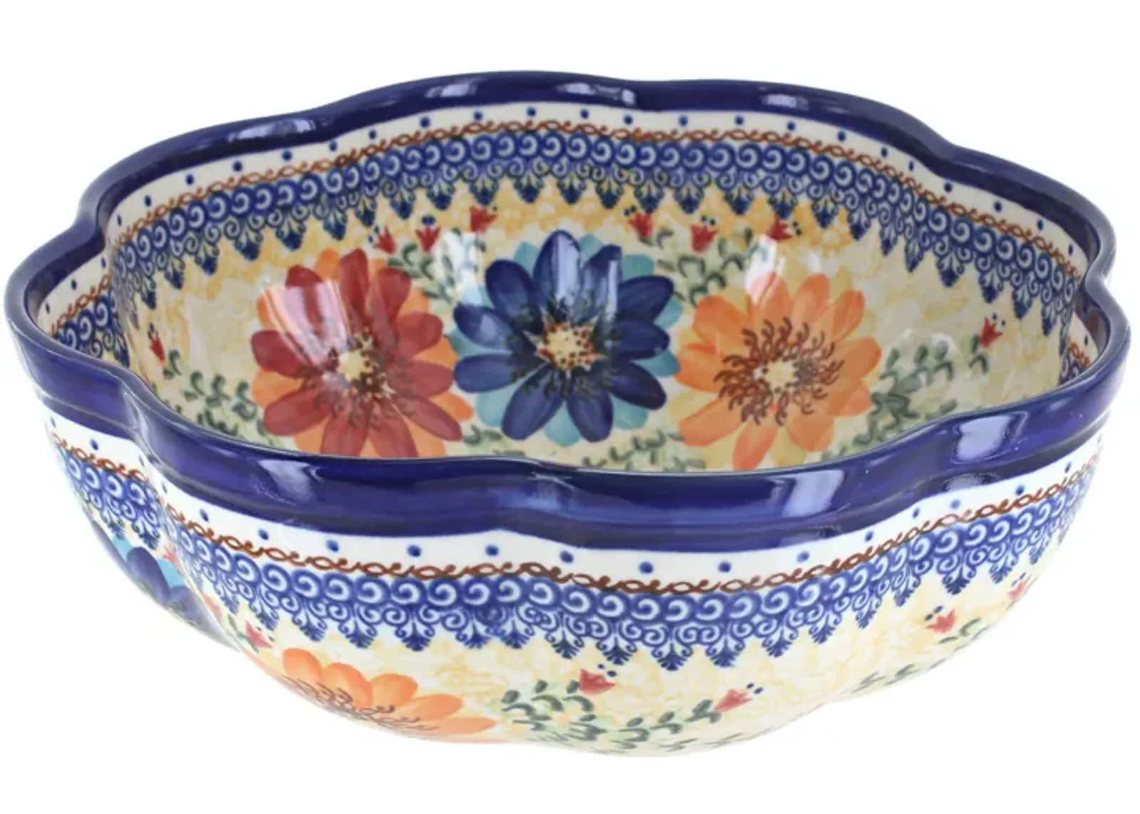 Blue Rose Polish Pottery Pointsettia Large Scallop Bowl