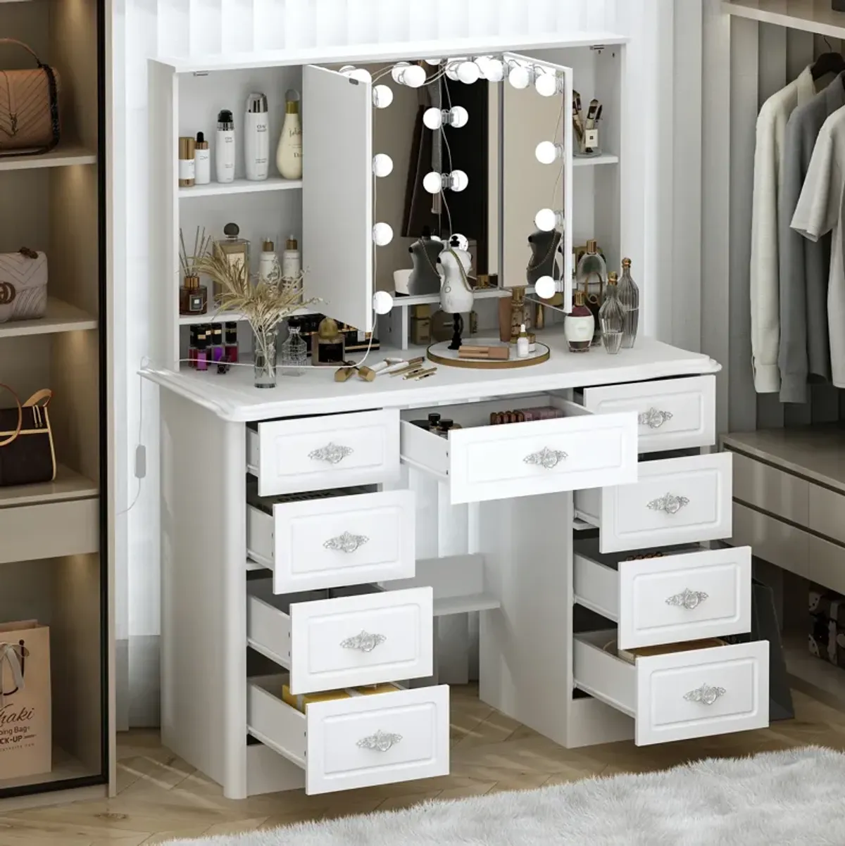 White Makeup Vanity Table Dressing Desk W/3-Mirrors,Lighted Mirror, Drawers, Hidden Storage Shelves Carved Metal Handles