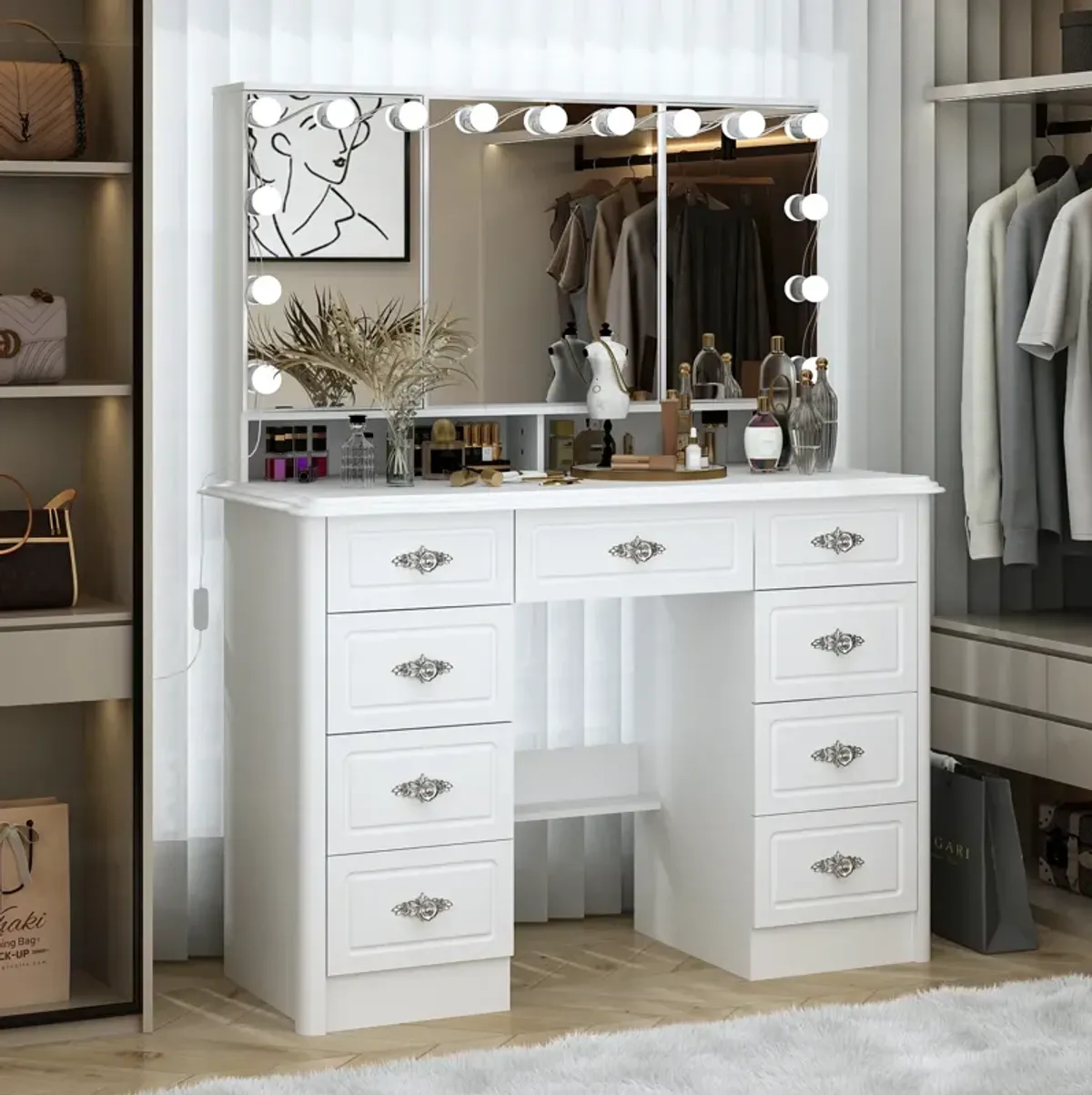 White Makeup Vanity Table Dressing Desk W/3-Mirrors,Lighted Mirror, Drawers, Hidden Storage Shelves Carved Metal Handles