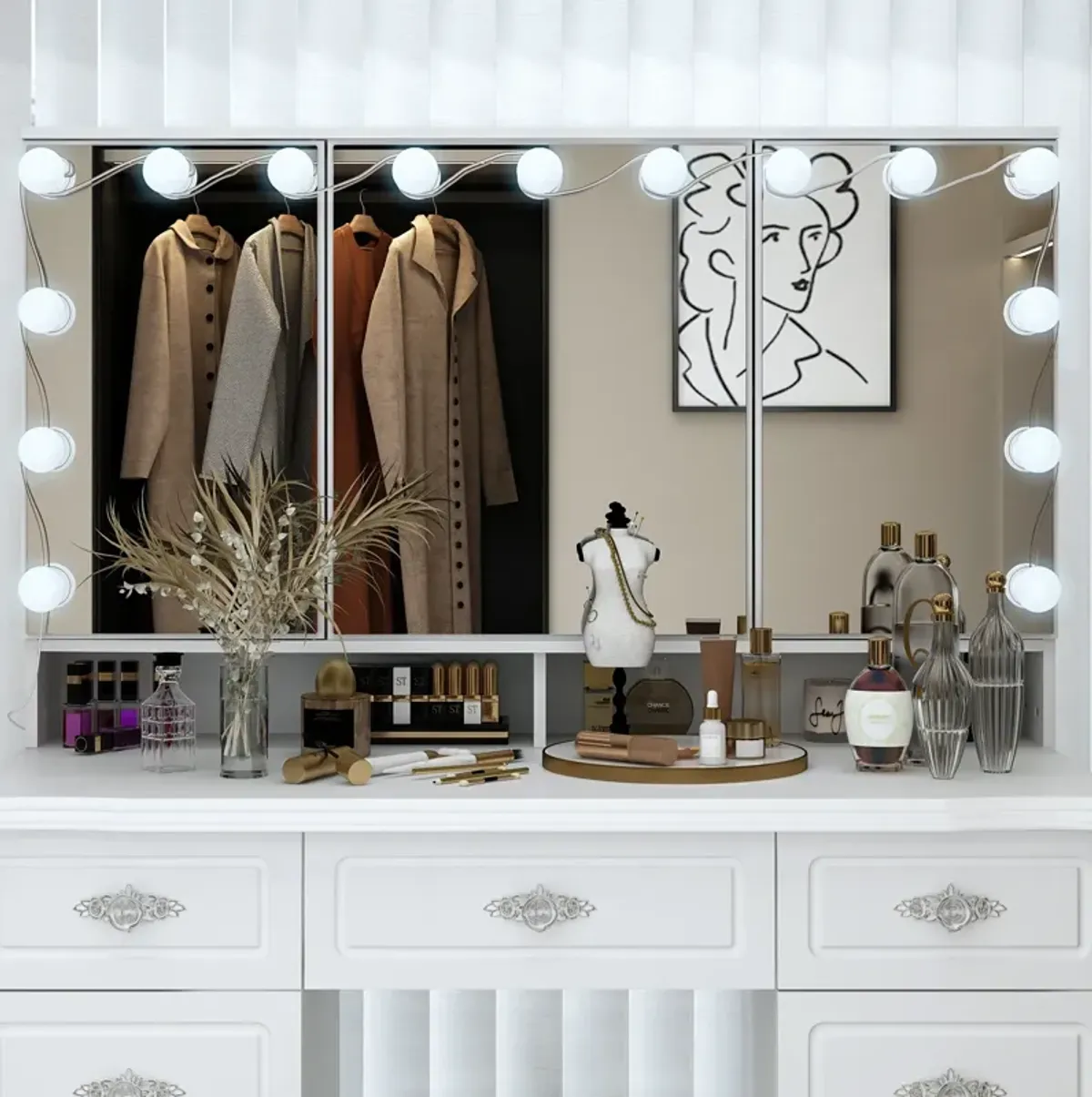 White Makeup Vanity Table Dressing Desk W/3-Mirrors,Lighted Mirror, Drawers, Hidden Storage Shelves Carved Metal Handles