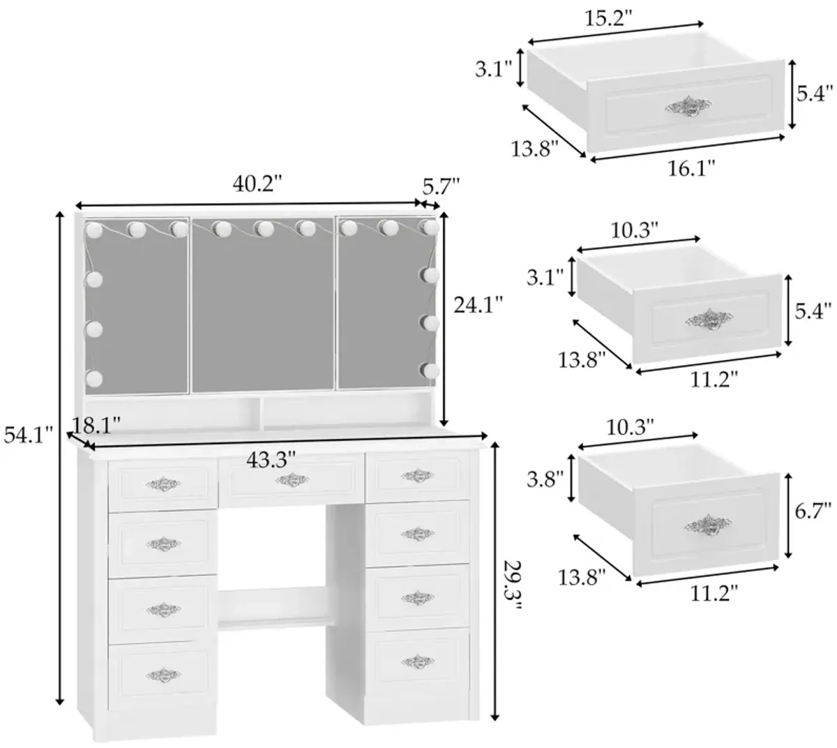 White Makeup Vanity Table Dressing Desk W/3-Mirrors,Lighted Mirror, Drawers, Hidden Storage Shelves Carved Metal Handles