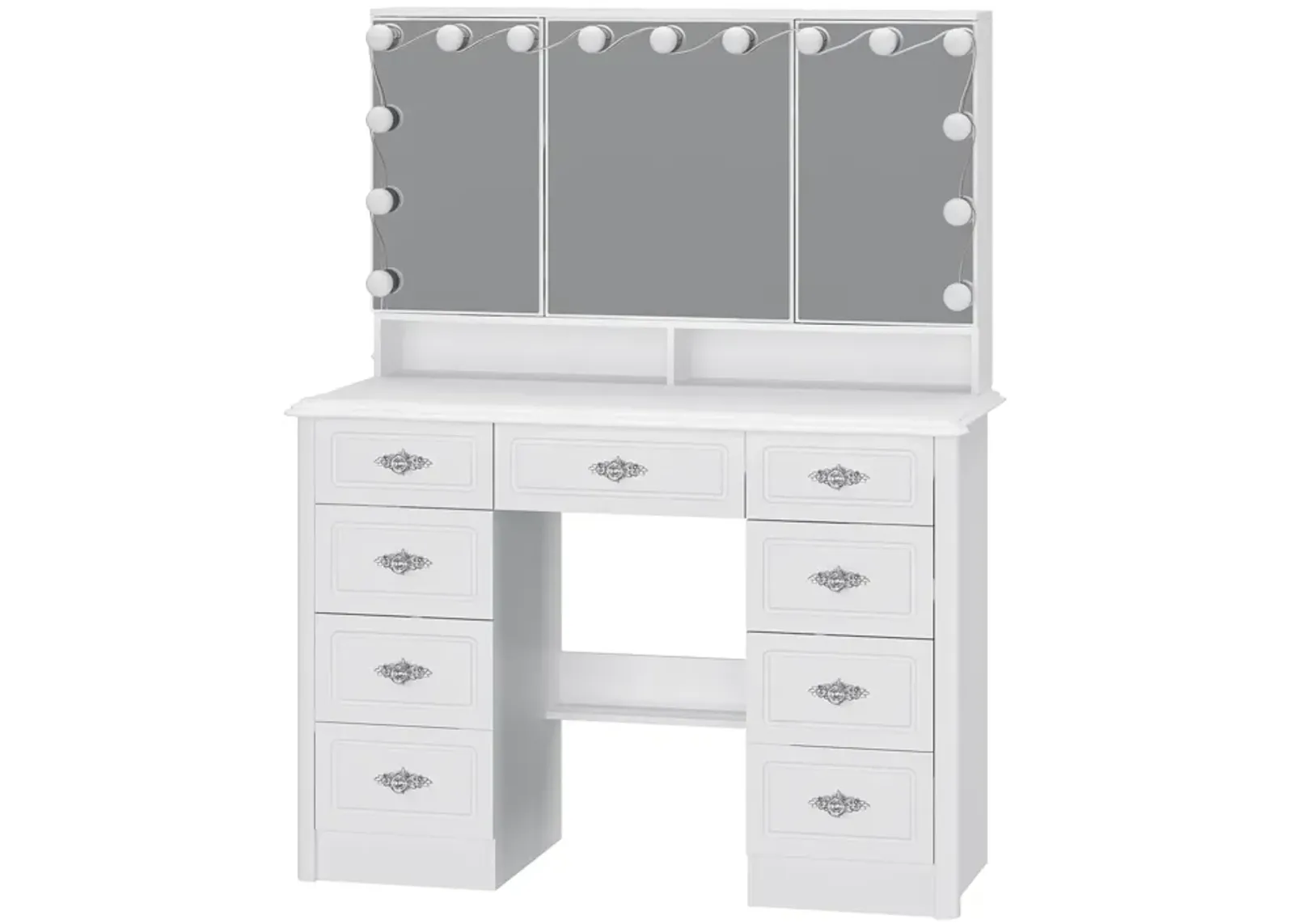 White Makeup Vanity Table Dressing Desk W/3-Mirrors,Lighted Mirror, Drawers, Hidden Storage Shelves Carved Metal Handles