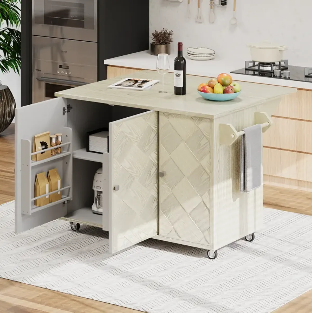 Merax Coastal Kitchen Island on Wheels with Internal Storage Rack