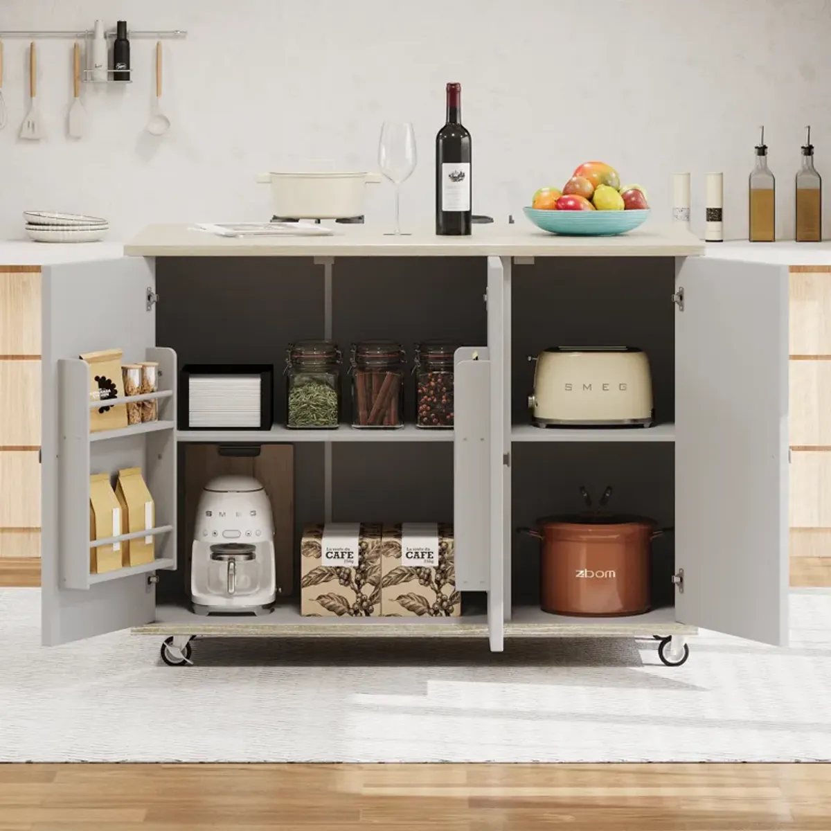 Merax Coastal Kitchen Island on Wheels with Internal Storage Rack