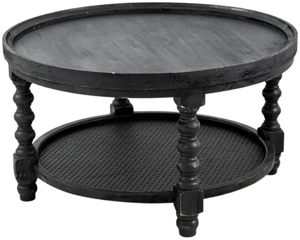 Jake 30 Inch Coffee Table, Fir Wood, Lower Tier Woven Wicker Shelf, Black-Benzara