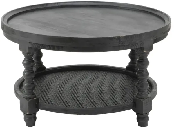 Jake 30 Inch Coffee Table, Fir Wood, Lower Tier Woven Wicker Shelf, Black-Benzara