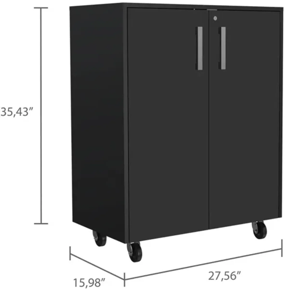 Storage Cabinet, Casters, Double Door, Two Interior Shelves - Black