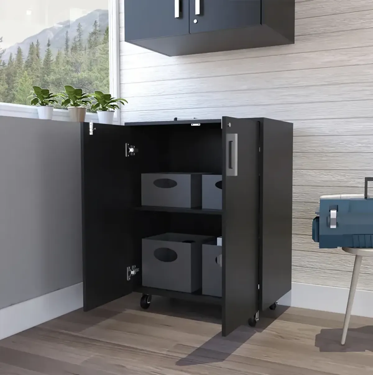 Storage Cabinet, Casters, Double Door, Two Interior Shelves - Black