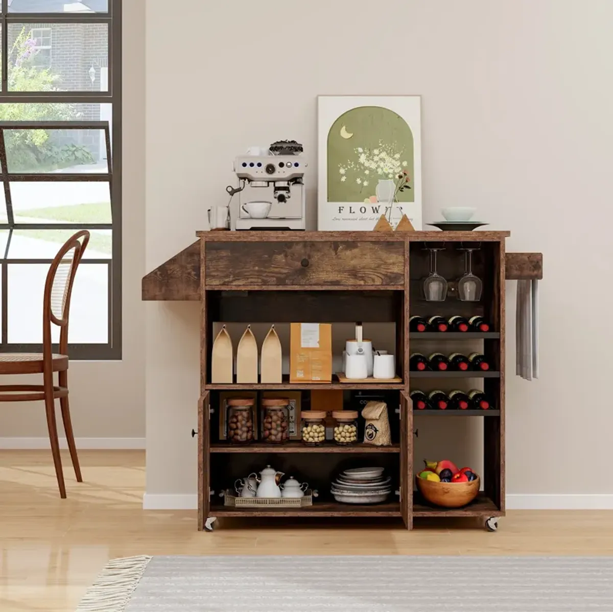 Drop Leaf Mobile Kitchen Island Cart with Power Outlet and Adjustable Shelf-Black and Natural