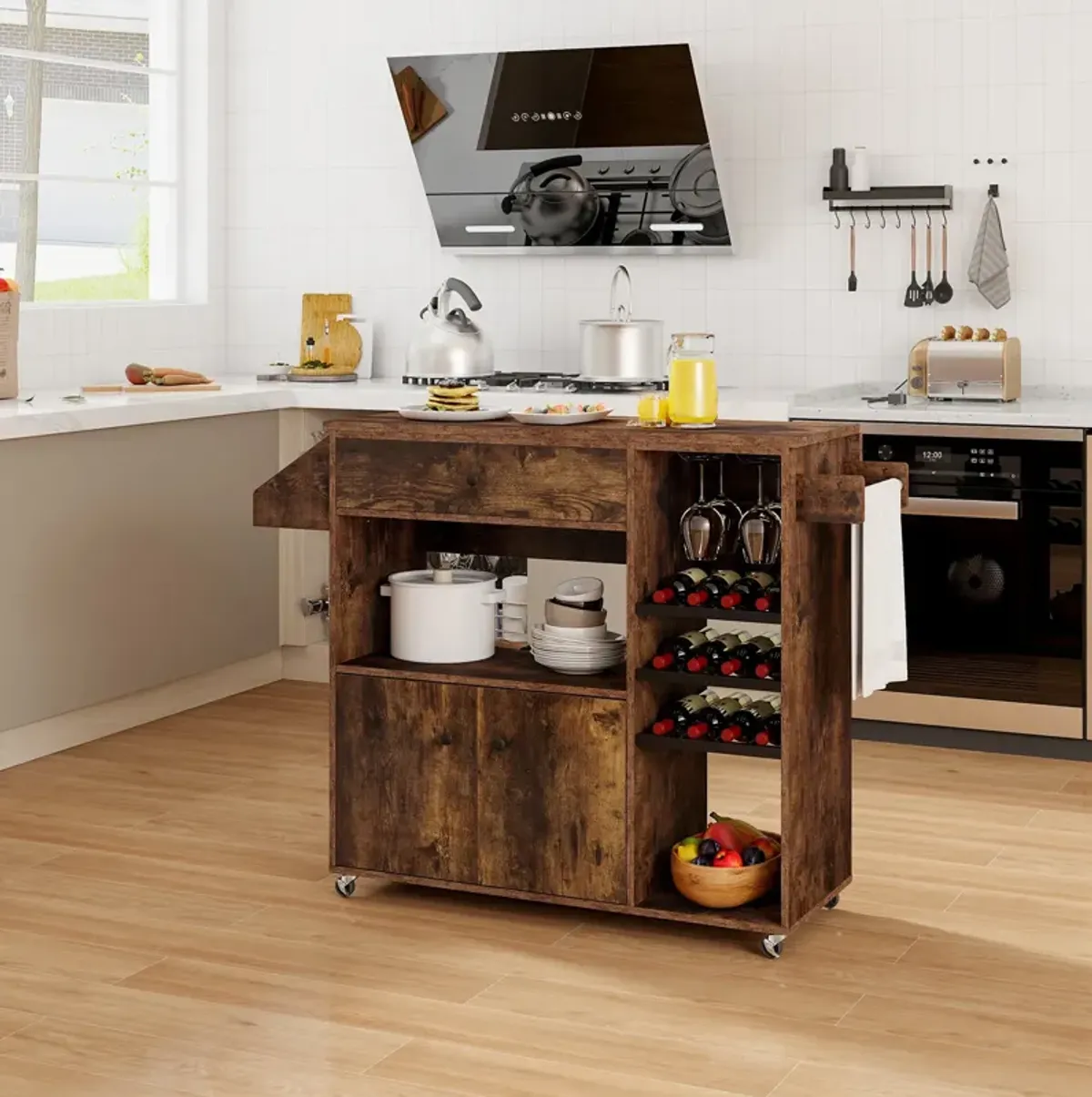 Drop Leaf Mobile Kitchen Island Cart with Power Outlet and Adjustable Shelf-Black and Natural