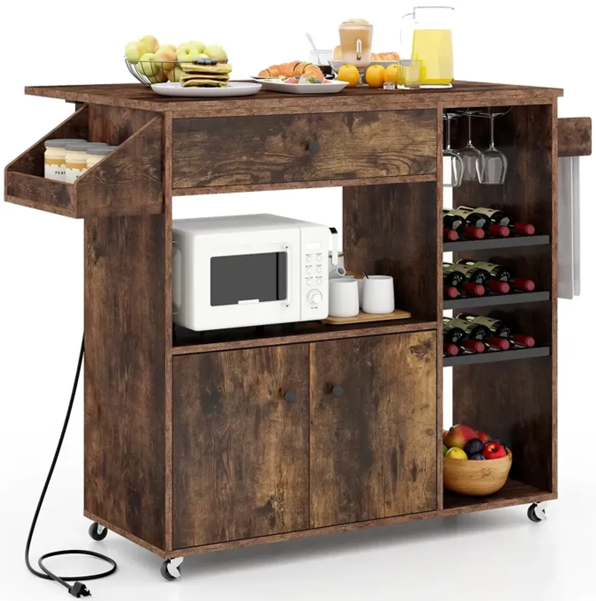 Drop Leaf Mobile Kitchen Island Cart with Power Outlet and Adjustable Shelf-Black and Natural