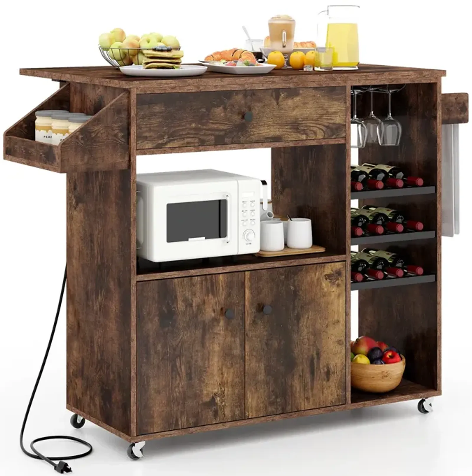 Drop Leaf Mobile Kitchen Island Cart with Power Outlet and Adjustable Shelf-Black and Natural