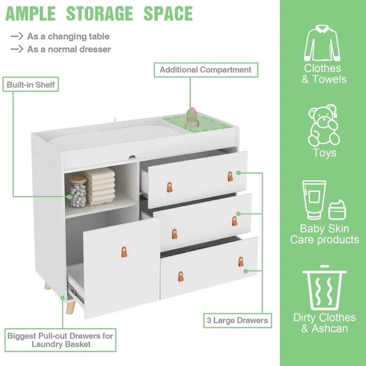 4-Drawer White Wood 44.9 in. W Kids Low Dresser Storage Organizer Cabinet With Changing Table Open Shelf