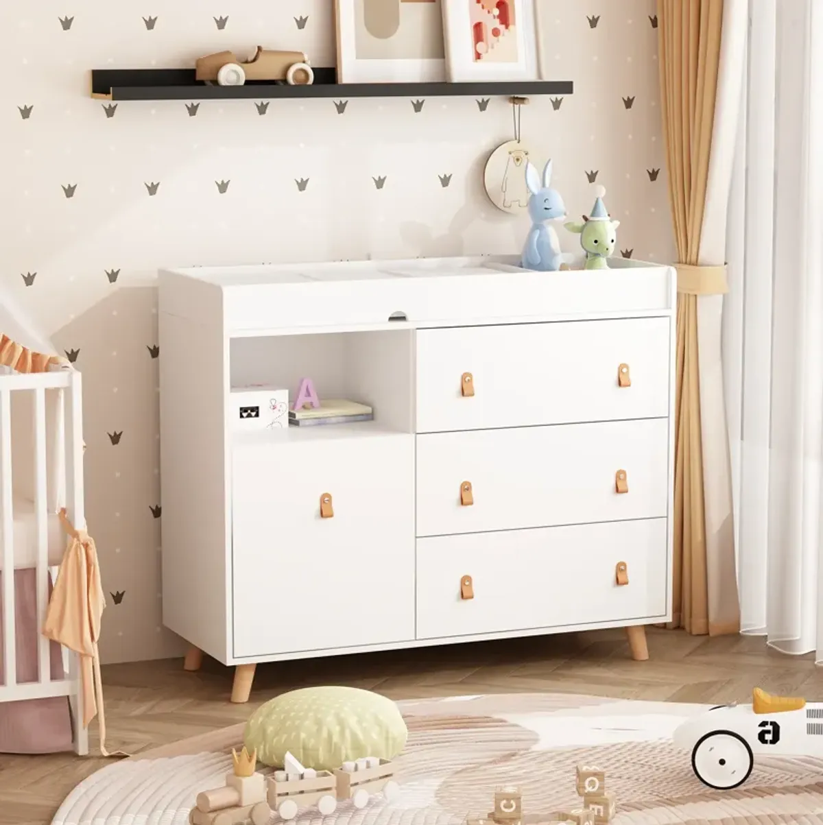 4-Drawer White Wood 44.9 in. W Kids Low Dresser Storage Organizer Cabinet With Changing Table Open Shelf