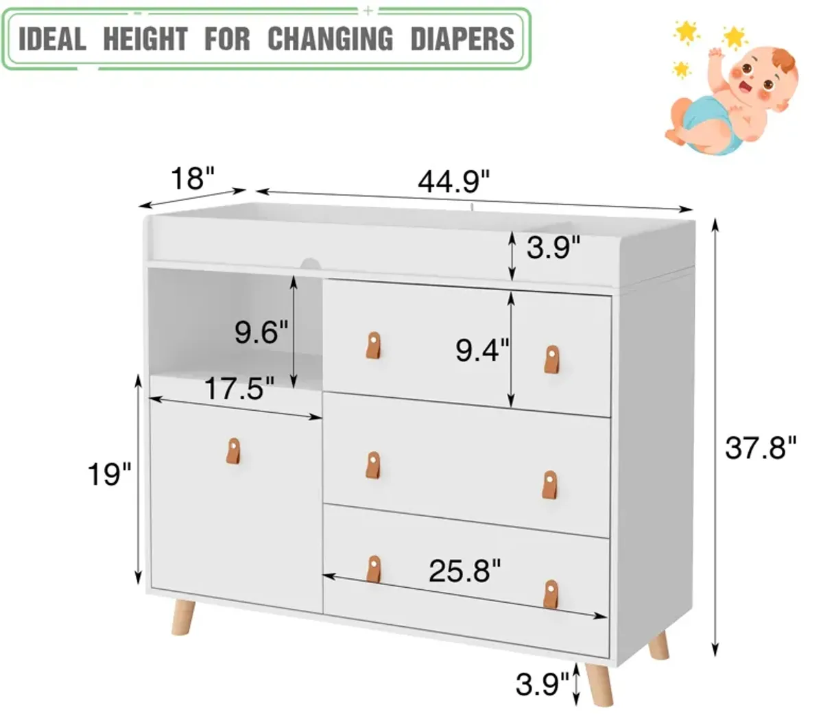 4-Drawer White Wood 44.9 in. W Kids Low Dresser Storage Organizer Cabinet With Changing Table Open Shelf