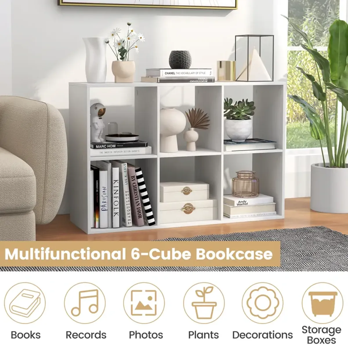 6 Cube Bookshelf with Back Guardrail for Living Room Bedroom