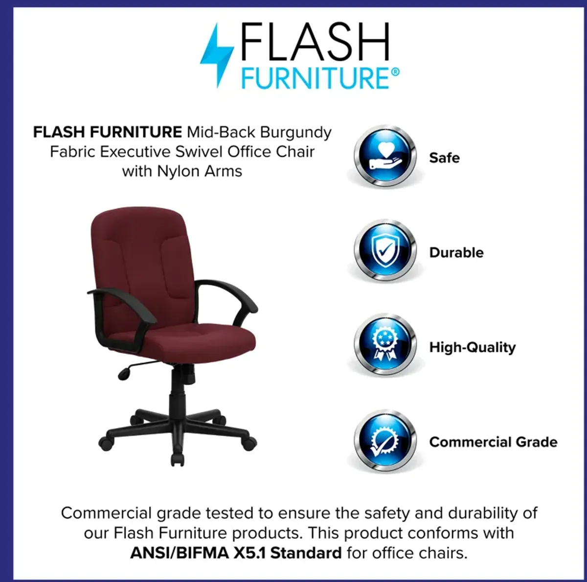 Garver Mid-Back Fabric Executive Swivel Office Chair with Nylon Arms