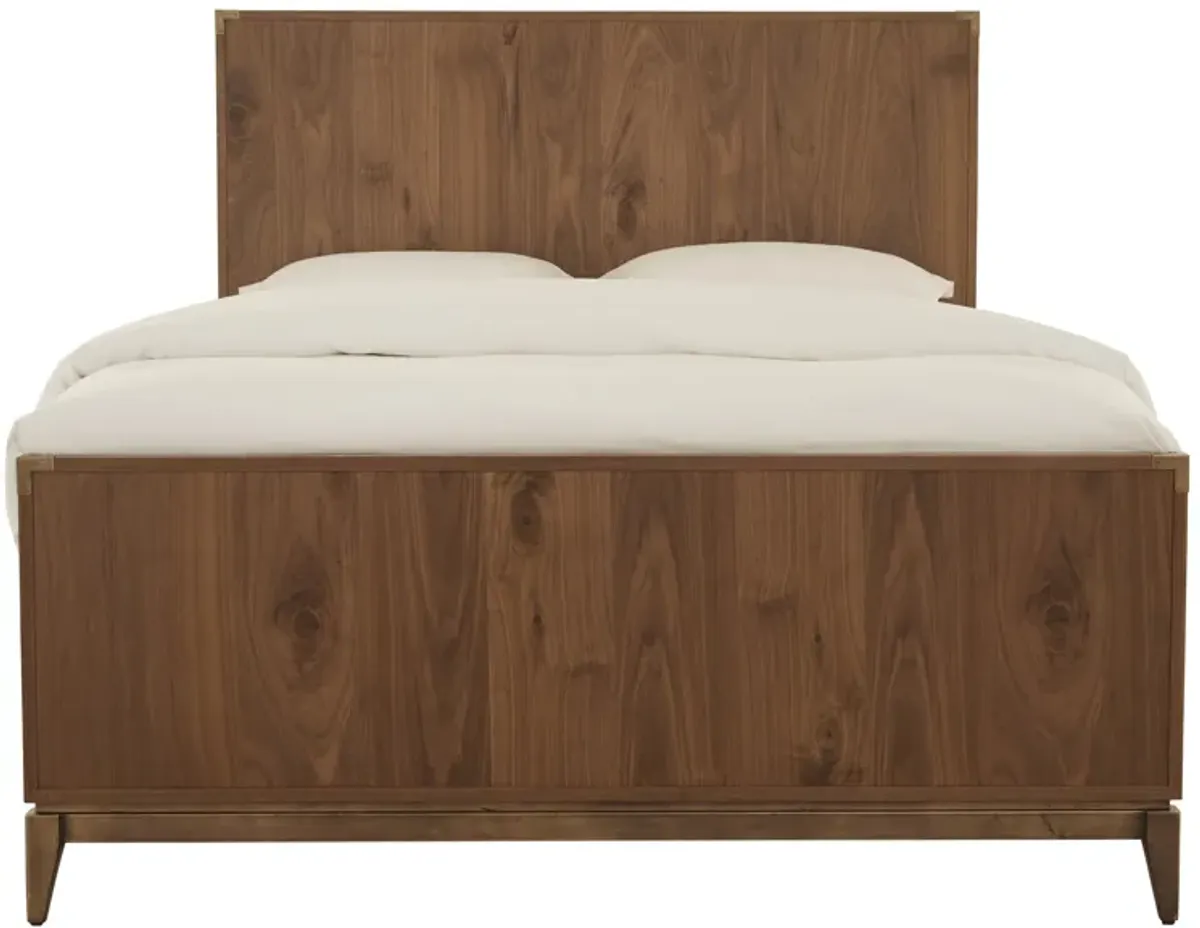 Veldt King Size Panel Bed, Brown Knotty Wood Veneer, Slats, Corner Brackets - Benzara