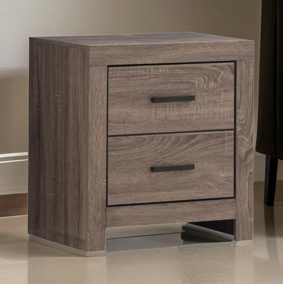 2 Drawer Nightstand with Metal Bar Pulls, Brown-Benzara